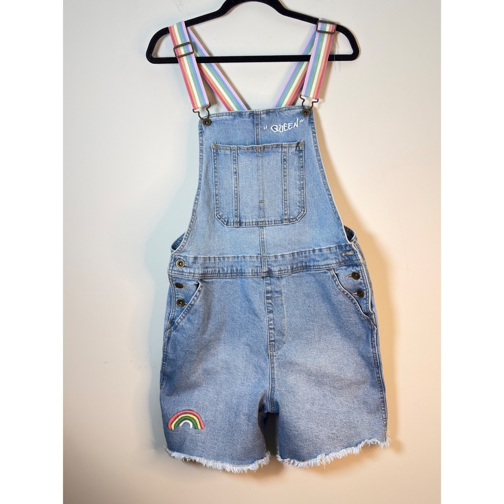 Denim Shortalls Blue Rainbow Strap Queen Embroidered Women Size M Pride Boho